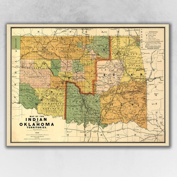 20" x 28" Map of Indian and Oklahoma Territories Vintage Poster Wall Art