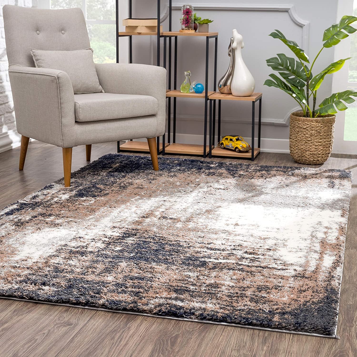 4’ x 6’ Ivory and Navy Retro Modern Area Rug