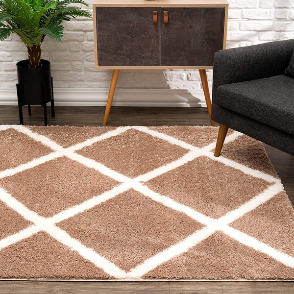 3’ x 5’ Beige and White Modern Lattice Area Rug