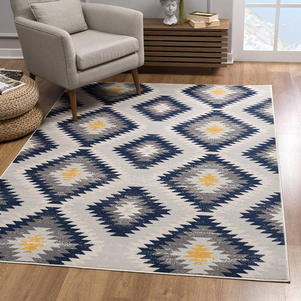 2’ x 5’ Blue and Gray Kilim Pattern Area Rug