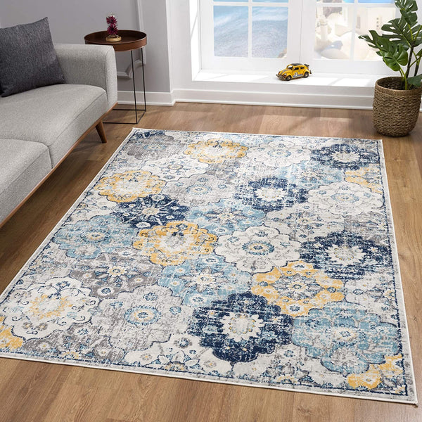 2’ x 5’ Blue Distressed Floral Area Rug