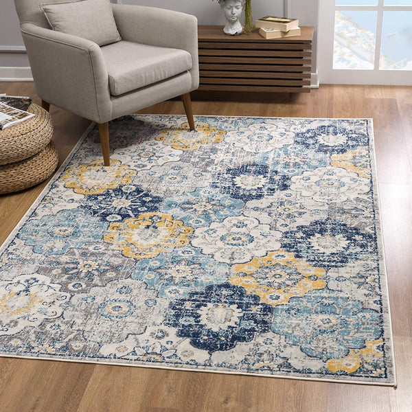 2’ x 6’ Blue Distressed Floral Area Rug