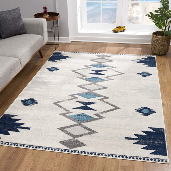 2’ x 10’ Navy and Ivory Tribal Pattern Runner Rug