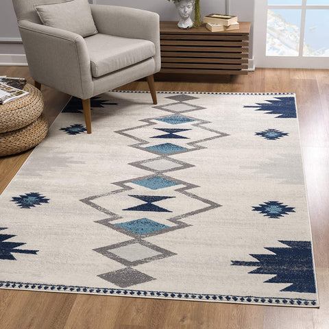 2’ x 10’ Navy and Ivory Tribal Pattern Runner Rug