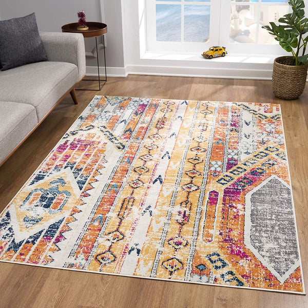 2’ x 12’ Gold and Ivory Distressed Tribal Runner Rug