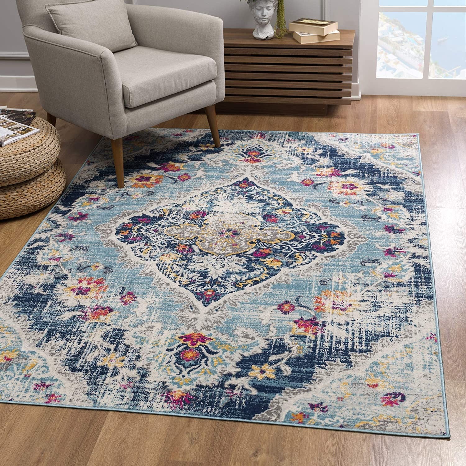 2’ x 10’ Blue Distressed Medallion Runner Rug