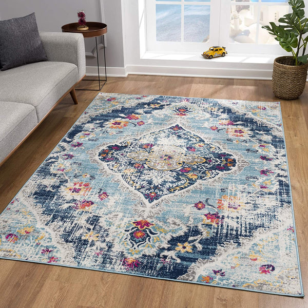 2’ x 10’ Blue Distressed Medallion Runner Rug