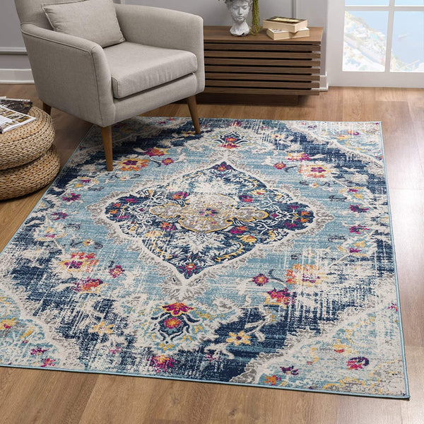 2’ x 4’ Blue Distressed Medallion Area Rug