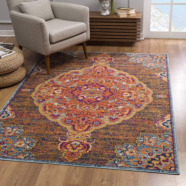 2’ x 4’ Rustic Orange Medallion Area Rug