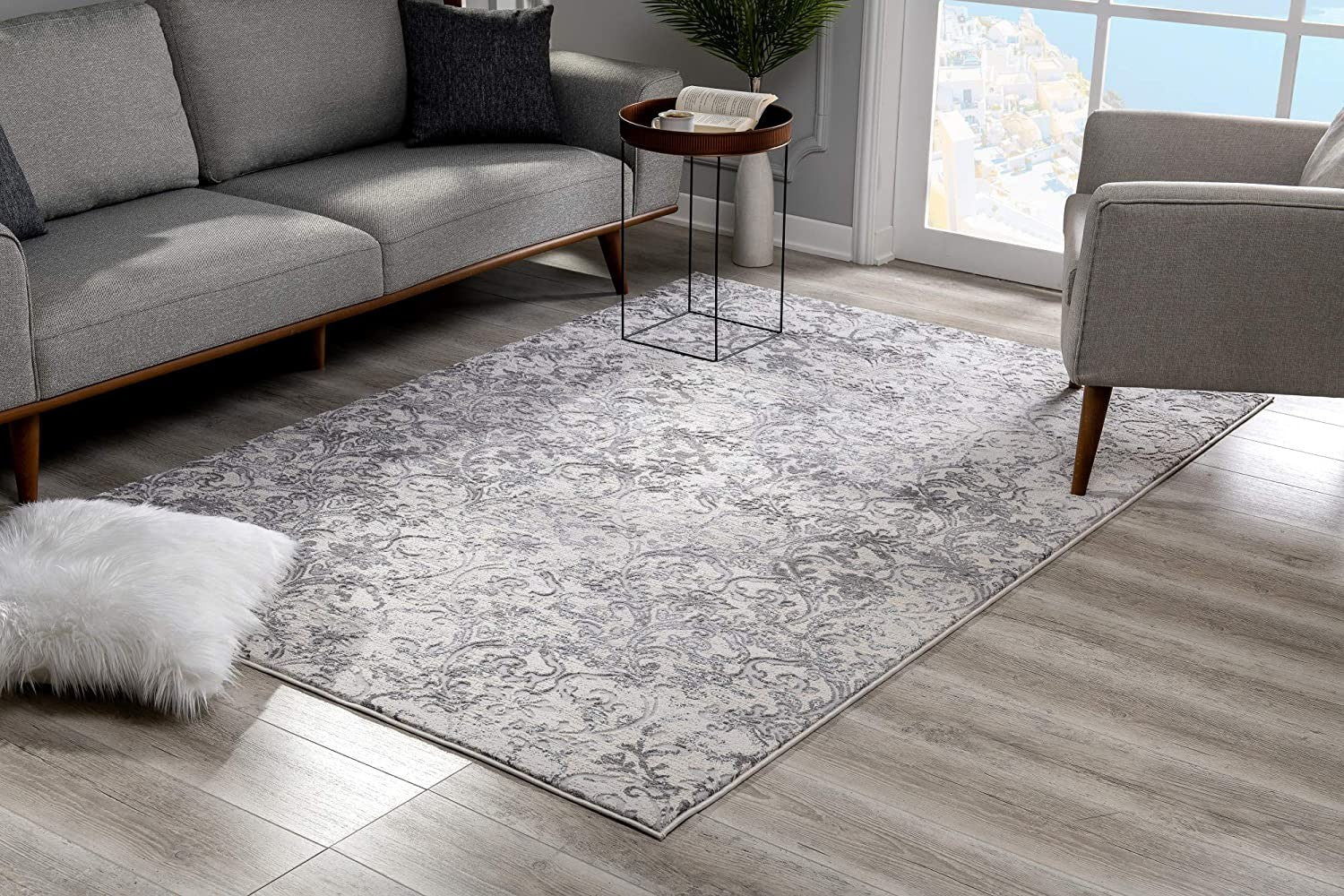 4’ x 6’ Cream and Gray Faded Filigree Area Rug