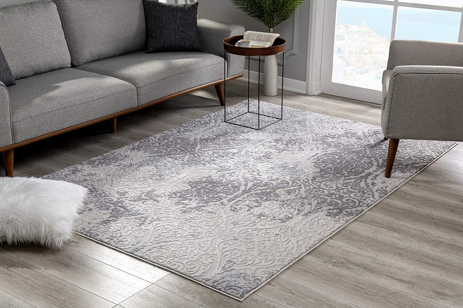 2’ x 4’ Cream and Gray Faded Filigree Area Rug