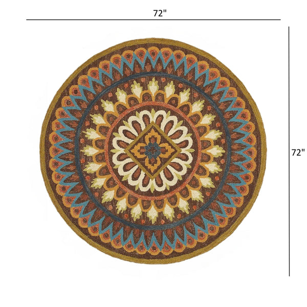 6’ Round Brown Bohemian Mandala Area Rug