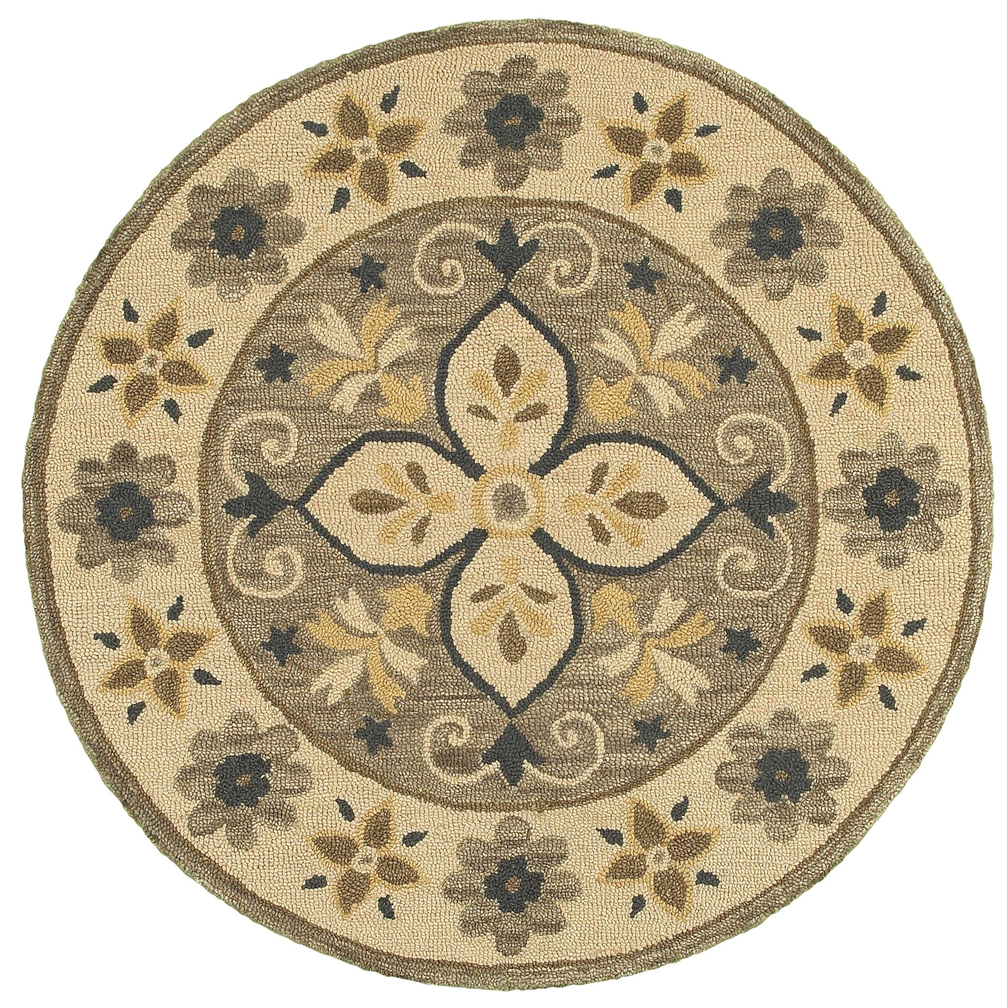 4’ Round Taupe Traditional Medallion Area Rug