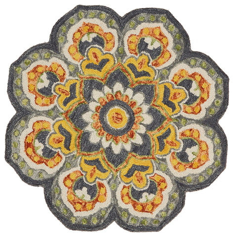 4’ Round Gray and Gold Floret Area Rug