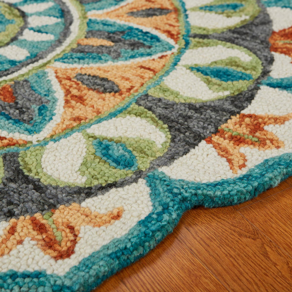 4’ Round Blue and Orange Medallion Area Rug