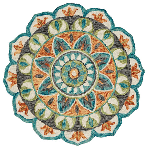 4’ Round Blue and Orange Medallion Area Rug