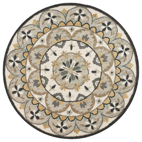 4’ Round Gray and Ivory Floral Bloom Area Rug