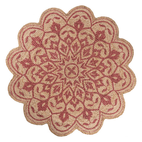 4’ Round Tan and Red Boho Chic Area Rug