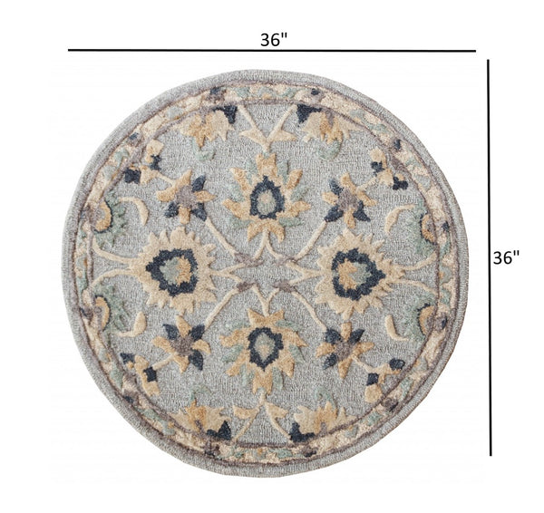 3’ Round Blue and Beige Floral Area Rug