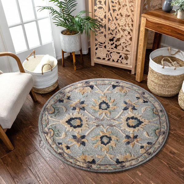 3’ Round Blue and Beige Floral Area Rug