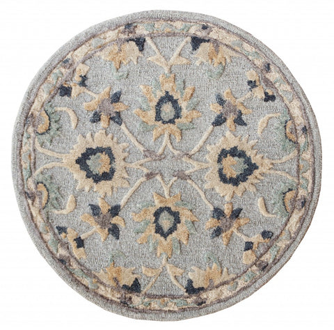 3’ Round Blue and Beige Floral Area Rug