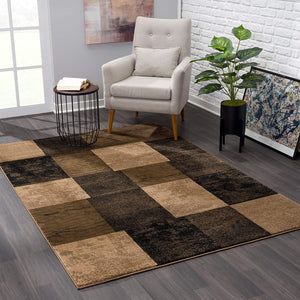 2’ x 4’ Brown Geometric Blocks Area Rug