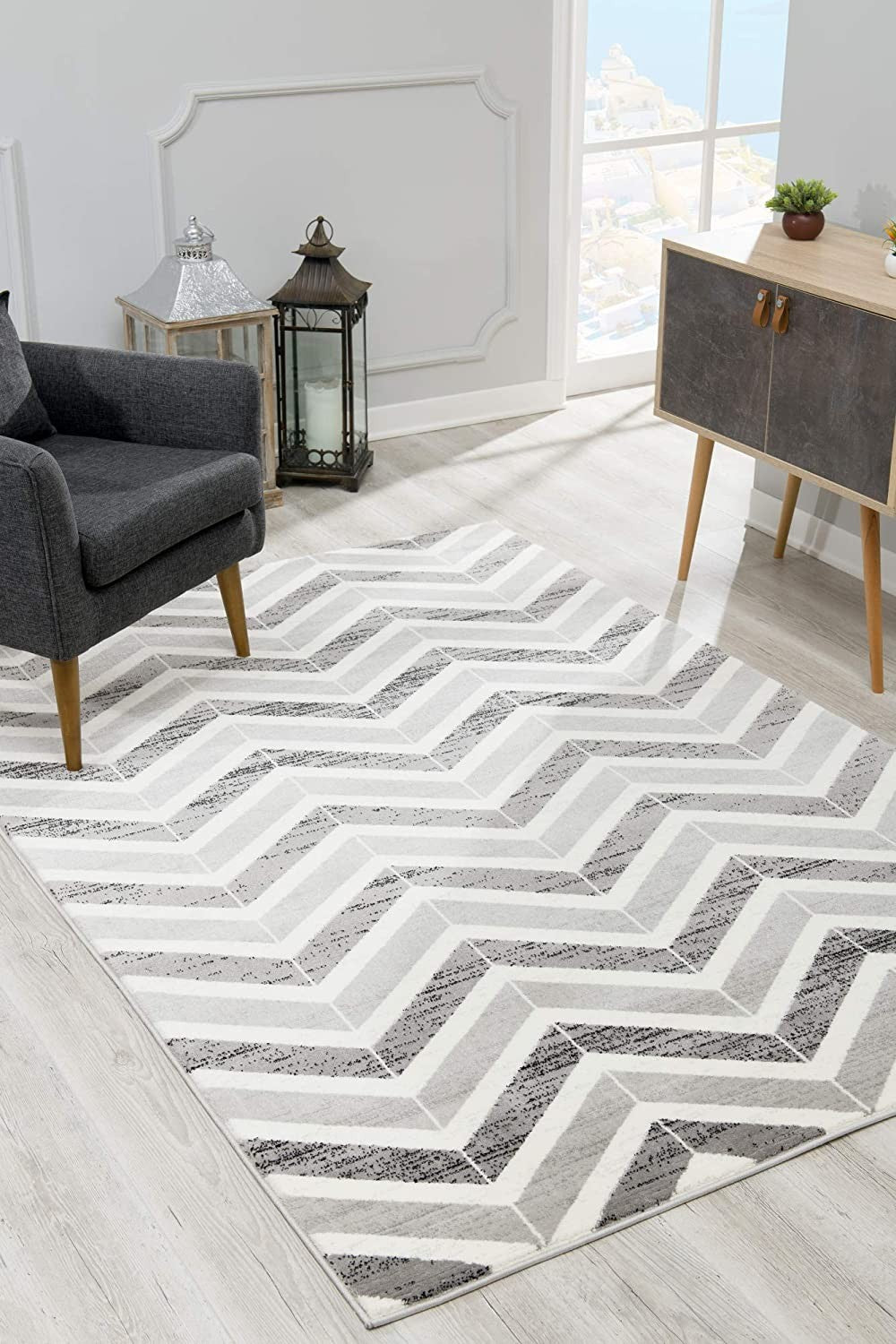 2’ x 13’ Gray Distressed Chevron Runner Rug