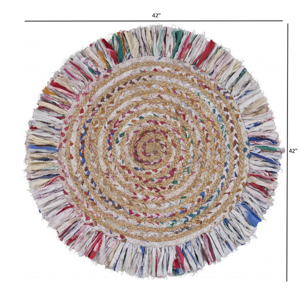 Bleached Multicolored Chindi and Natural Jute Fringed Round Rug