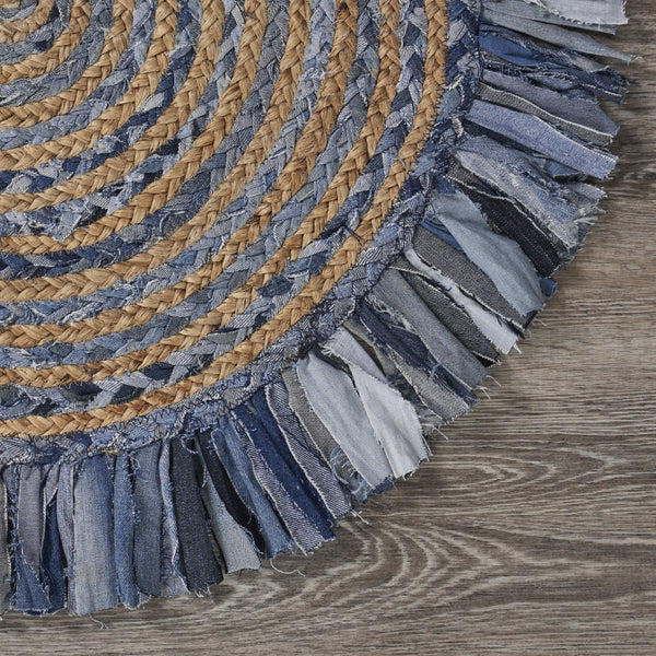 Denim and Natural Jute Round Swirl Fringed Rug