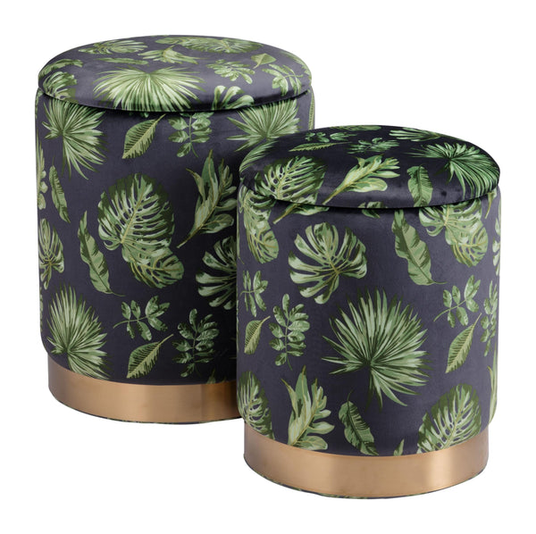 Set of Two Palm Leaf and Rose Gold Storage Ottomans