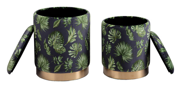 Set of Two Palm Leaf and Rose Gold Storage Ottomans