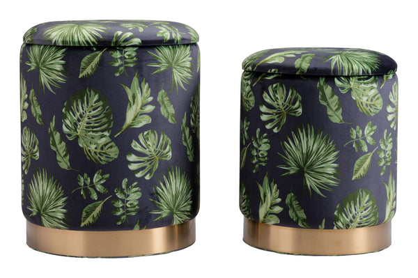 Set of Two Palm Leaf and Rose Gold Storage Ottomans