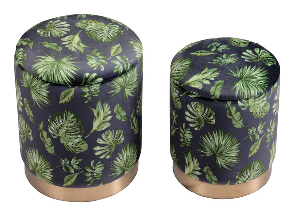 Set of Two Palm Leaf and Rose Gold Storage Ottomans