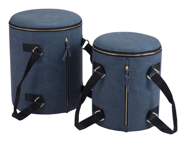 Set of Two Zipper Blue Storage Ottomans