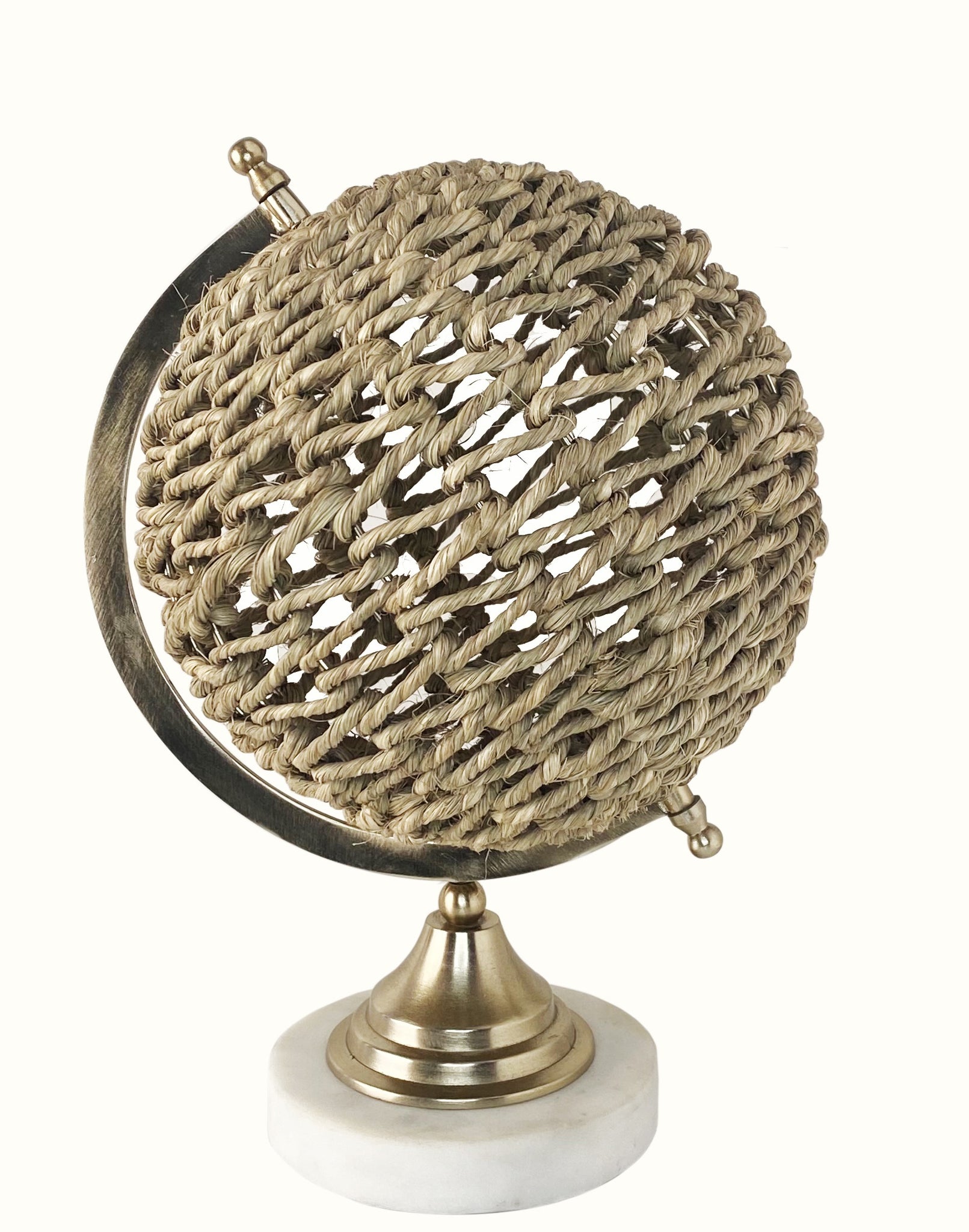 15" Modern Farmhouse Rustic Jute and Marble Globe Sculpture