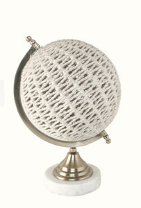 15" Modern Farmhouse Rustic Rattan and Marble Globe Sculpture