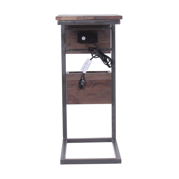 Modern Dark Wood End or Side Table with USB and Storage Bin