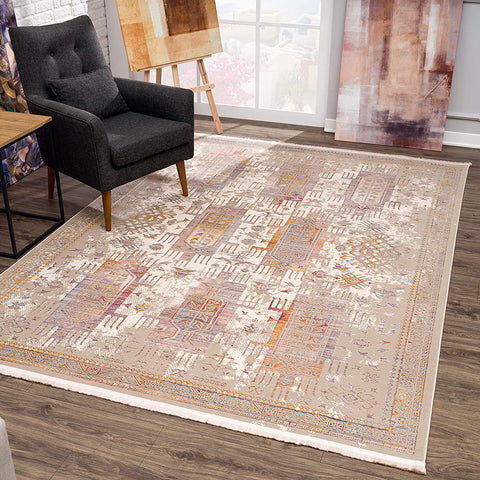 4’ x 6’ Beige Faded Tribal Motifs Area Rug