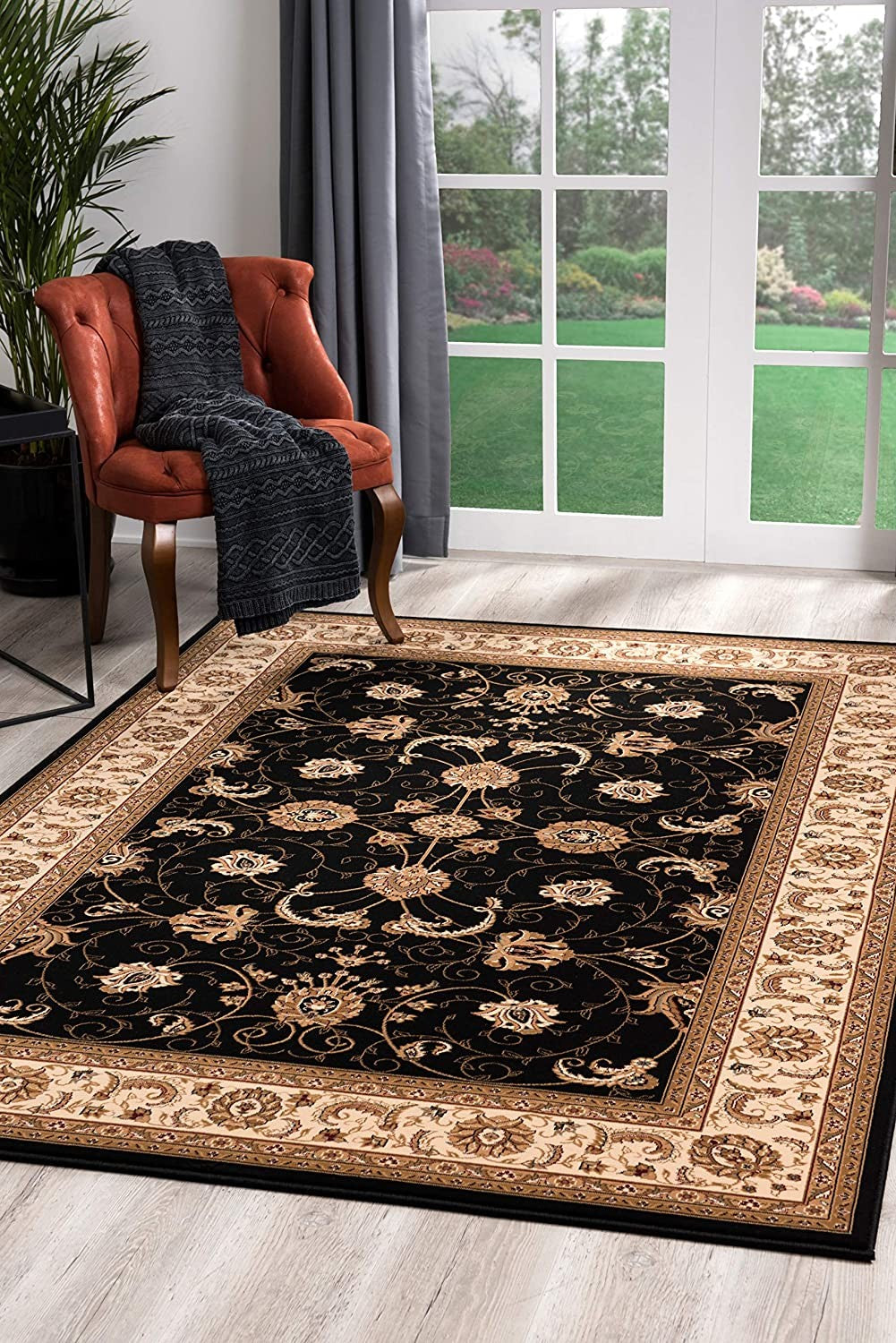 4’ x 6’ Black and Tan Floral Vines Area Rug