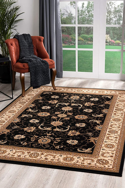 4’ x 6’ Black and Tan Floral Vines Area Rug