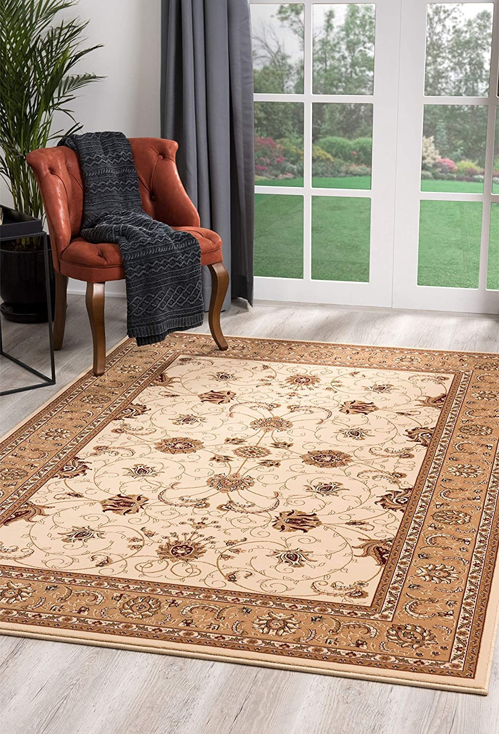 3’ x 5’ Cream and Tan Ornate Border Area Rug