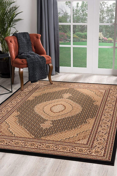 2’ x 4’ Black and Beige Medallion Area Rug