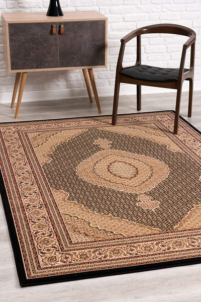 5’ Round Black and Beige Medallion Area Rug