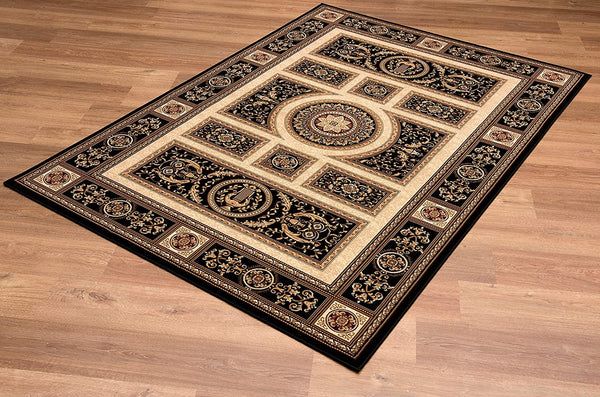 4’ x 6’ Black and Beige Traditional Geometric Area Rug