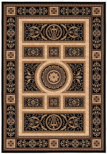 4’ x 6’ Black and Beige Traditional Geometric Area Rug