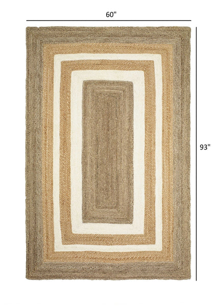 5’ x 8’ Tan and White Multiple Bordered Area Rug