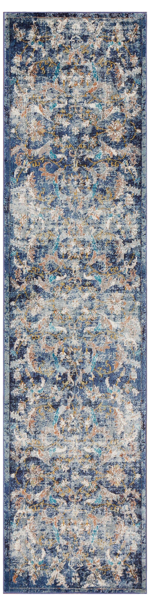 2’ x 9’ Blue and White Jacobean Pattern Runner Rug