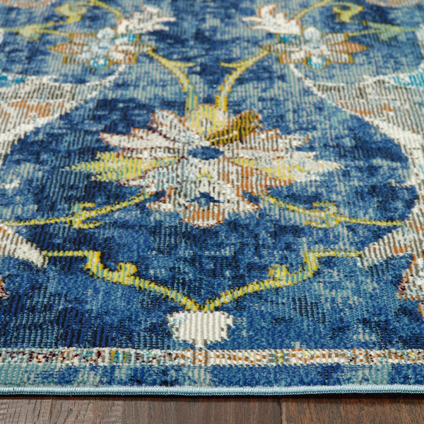 2’ x 9’ Blue and White Jacobean Pattern Runner Rug