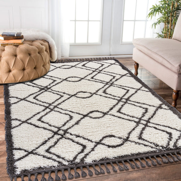 5’ x 7’ Cream and Gray Geometric Fringe Area Rug