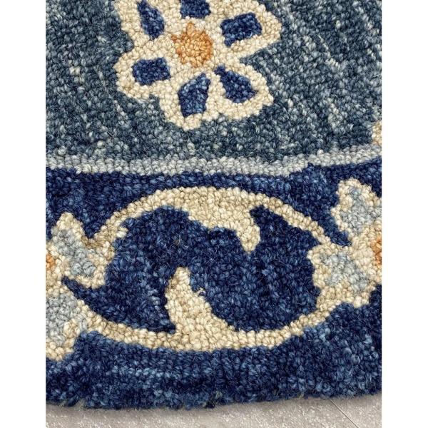 5’ Round Blue Bordered Floral Motifs Area Rug